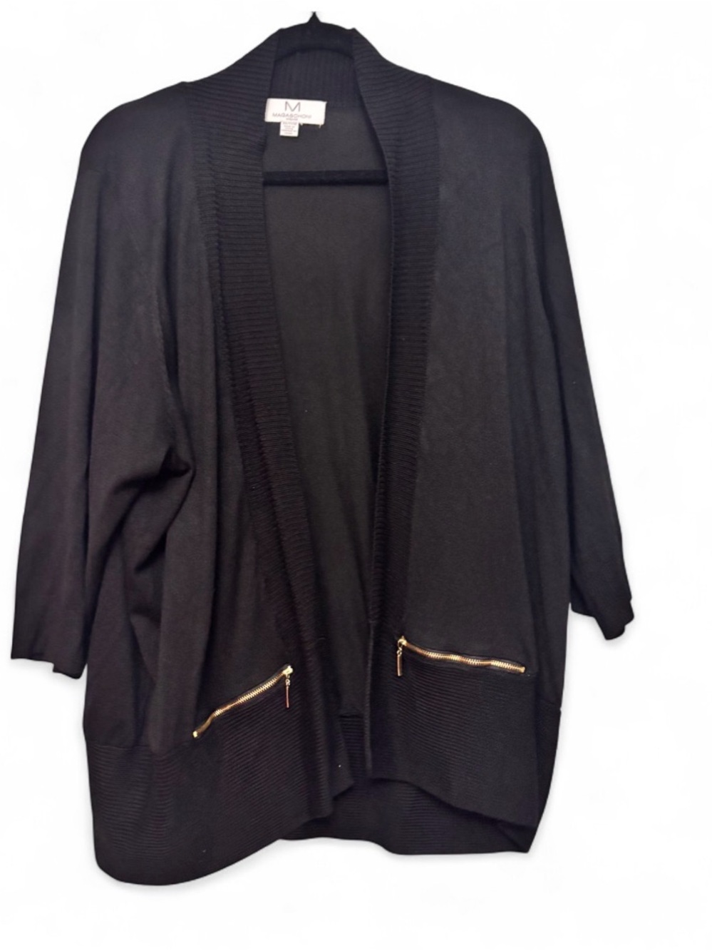 Magaschoni Black Open-Front Cardigan with Gold Zipper Pockets